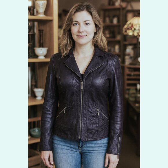 Womens Steampunk Goth Purple Petite Sz 8 Short Crinkle Leatherette Zipped Jacket - Picture 1 of 13